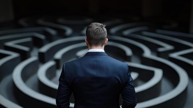 A man in a suit standing in front of a maze photo