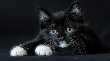 A black and white kitten laying on a black background photo