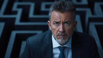 A man in a suit and tie looking at a maze photo