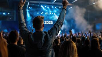 A man raising his hands in front of a crowd at a concert photo