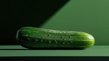 A cucumber sitting on a table in front of a green wall photo
