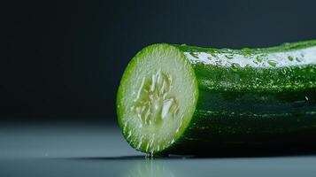 A cucumber is cut in half on a table photo