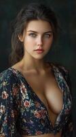 A beautiful woman with big breasts posing for a photo