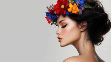 Beautiful woman with flower wreath on her head photo