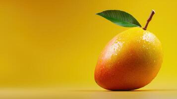 A mango on a yellow background with a leaf photo