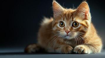 An orange cat with big eyes sitting down photo