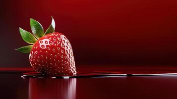 A strawberry is sitting on a red surface photo