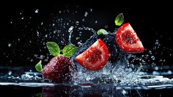 Strawberries falling into water with leaves photo