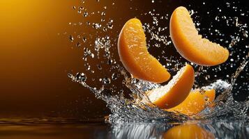 Orange slices splashing in water with a splash of orange juice photo