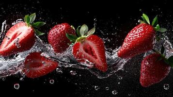 Strawberries falling into water on a black background photo