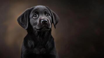 A black labrador puppy is looking up at the camera photo