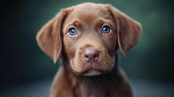 A brown puppy with blue eyes looking at the camera photo
