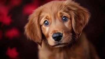 A close up of a brown puppy with blue eyes photo
