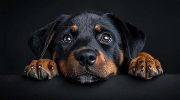 A rotweiler dog is looking over a black background photo