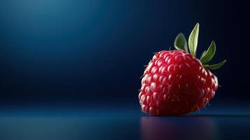 A raspberry is shown on a dark background photo