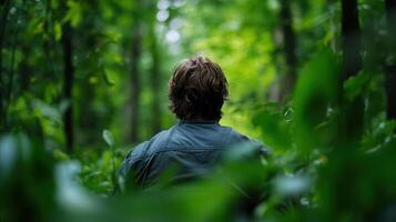 A man is sitting in the middle of a forest photo