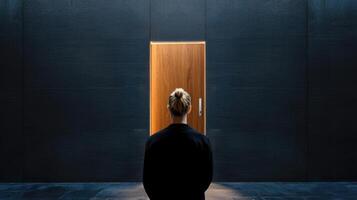 A person standing in front of a door with a light coming from it photo