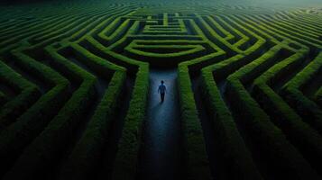 A man walks through a maze in the middle of a field photo