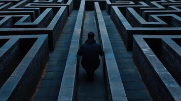 A man in a black coat walks through a maze photo