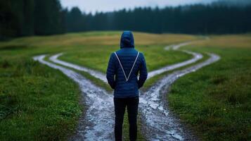 A person standing on a path with two different directions photo