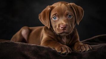 A brown puppy laying on a blanket photo