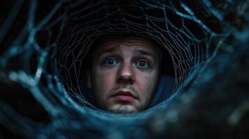A man looking out from inside a net photo
