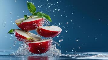 Red apples falling into water with a leaf on top photo