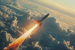 A rocket is flying through the clouds photo