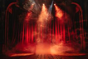 A red curtain is in the middle of a stage with smoke coming out of it photo