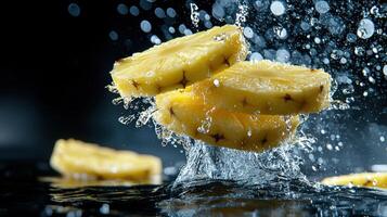 A pineapple being splashed with water photo