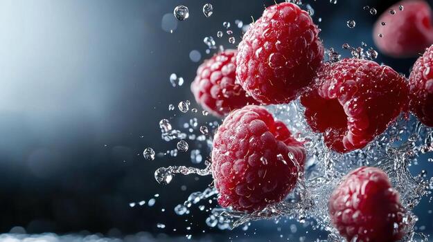 Raspberries are splashing into the water photo