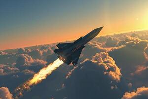 A fighter jet flying through the clouds photo