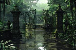 A gate in the jungle with a waterfall and plants photo