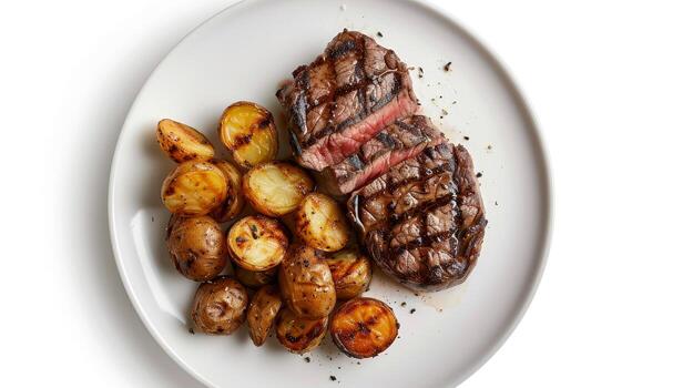 un plato de filete y patatas con un A la parrilla lado de patatas foto