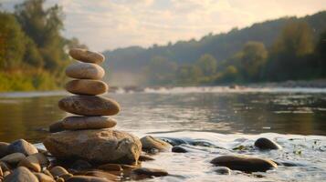 A stack of rocks sitting on top of a river photo