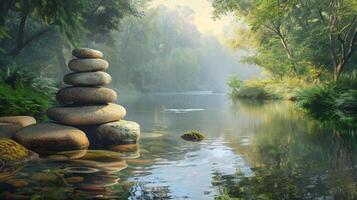 A stack of rocks sitting on the edge of a river photo