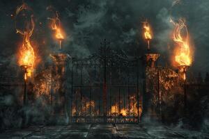A gate with flames coming out of it photo