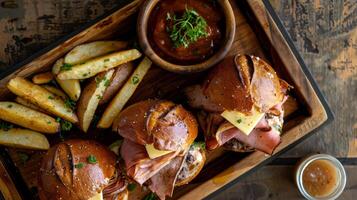 A tray of sandwiches and fries is on a wooden table photo