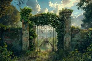 An old gate with ivy growing over it and a sky background photo