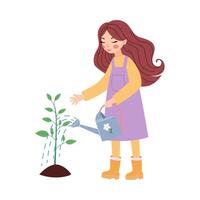 Hand drawn pretty girl watering young plant. Environment concept illustration. World environment day concept vector