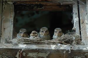 Four baby birds are sitting in a nest in a window photo