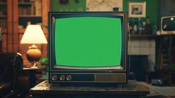 An old television with a green screen in front of a couch photo