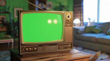 An old television with green screen sitting on a table photo