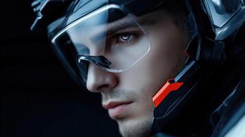 A man in a helmet and goggles photo