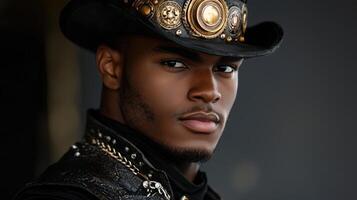 A man wearing a hat and a black jacket photo
