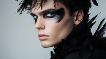 A man with black makeup and feathers on his face photo