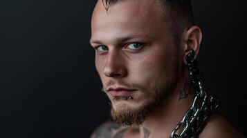 A man with tattoos and chains on his neck photo