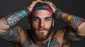 A man with tattoos on his arms and chest photo