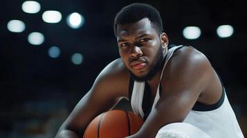 A basketball player sitting on the floor with a ball photo