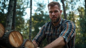 A man is cutting wood with a chainsaw photo
